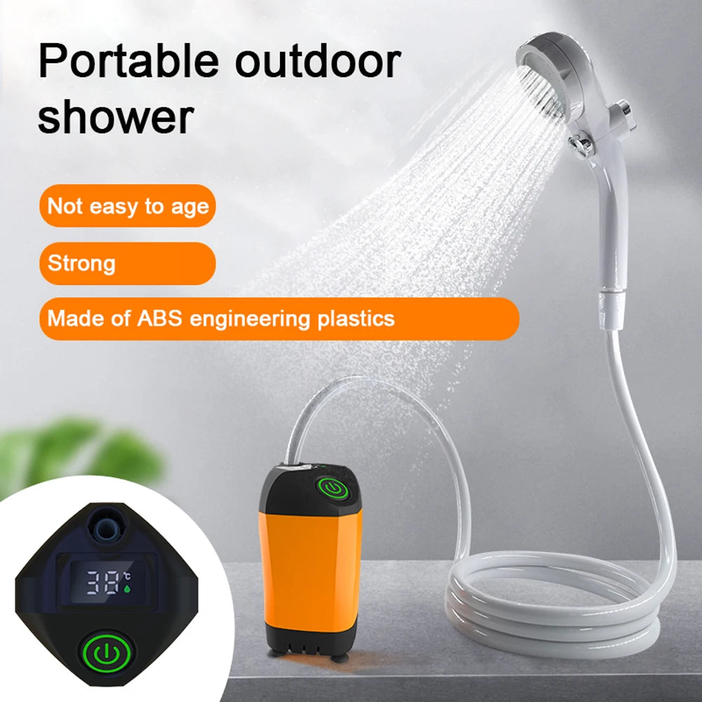 Outdoor Camping Shower IPX7 Waterproof Orange with Digital Display Portable Electric Shower Pump for Hiking Travel Pet Watering