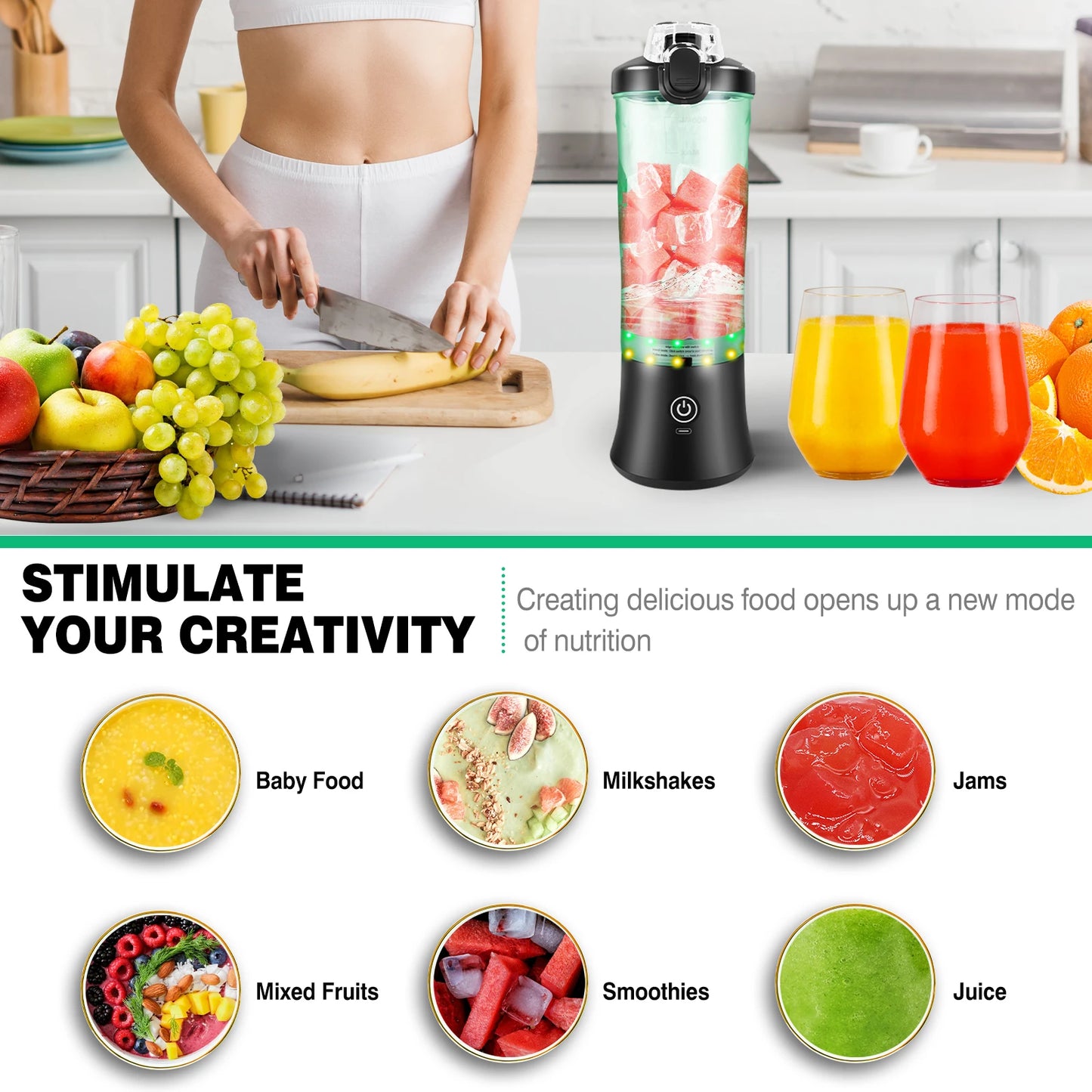 600Ml Portable Mini Blender,Usb Rechargeable Small Smoothie Blender,Large Capacity Travel Blender Portable Smoothies,Blends Ice